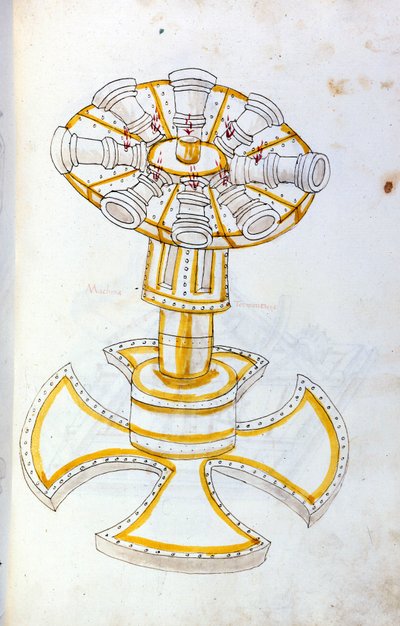 A háború művészete: katonai gépek tanulmányozása. forgó ágyú, illusztráció a „De re Militari” című művéből, Roberto Valturio (1405-1483?) mérnöktől alkotó: Roberto Valturio