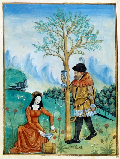 A balzsam visszaemlékezése. A fáról (flóra: balzsamier) folyó gyantát, vagy sevet, amelyet orvosságra használnak, a férfi összegyűjti, a nő pedig hordóba teszi. Miniatűr az „Egyszerű orvosok könyvében” (Folio 187v) v.1520-1530. Enlumine by Testard Tap alkotó: Robinet Testard