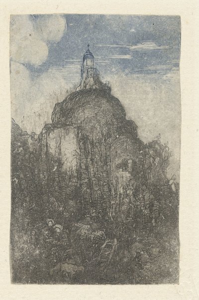 Sziklára építve és a szikla tövében pihenő pásztorok birkákkal Le Phare Chapelle alpestre alkotó: Rodolphe Bresdin