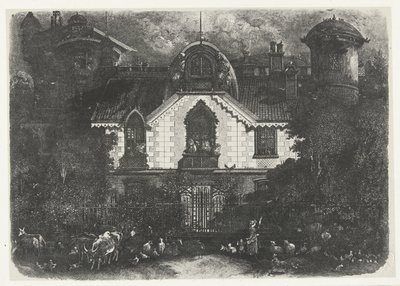 Ház toronnyal a kerítés mögött és pásztorlány szarvasmarhákkal La maison enchantee alkotó: Rodolphe Bresdin