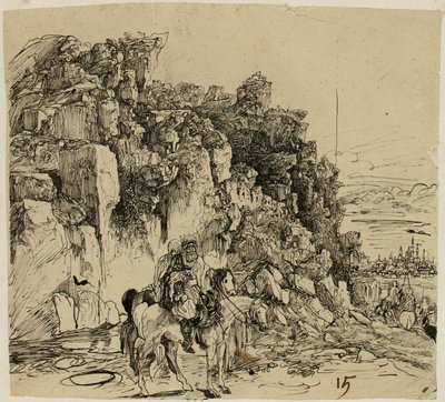 Hegyvidéki táj lovasokkal alkotó: Rodolphe Bresdin