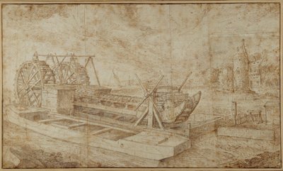 Kotrógép a csatornán (toll és tinta mosás papíron) alkotó: Roelandt Jacobsz. Savery