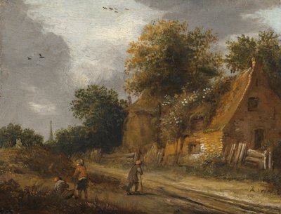 Három figura halad el az úton egy házikó előtt alkotó: Roelof Jansz van Vries