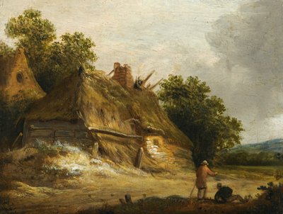 Két alak halad el az úton egy házikó előtt alkotó: Roelof Jansz van Vries
