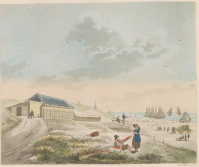 Strand Scheveningenben, 1825 körül Kilátás a scheveningeni strandra és dűnékre, valamint Mr. Pronk / Vue du rivage et des dunes a Scheveninge et representation des Bains appartement à mons.r Pronk fürdőházának bemutatása (cím a tárgyon) alkotó: Roelof van der Meulen