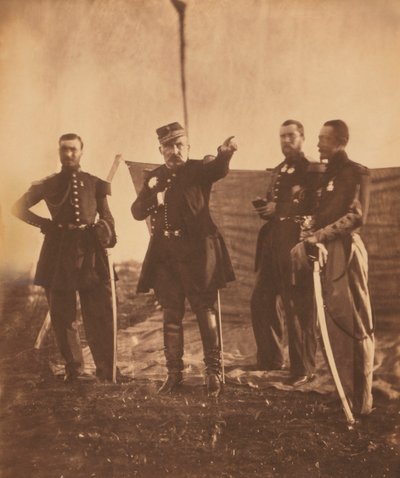 Pierre Bosquet francia tábornok (középen), Parancsot ad vezérkarának, Krími háború, Krím, Ukrajna alkotó: Roger Fenton