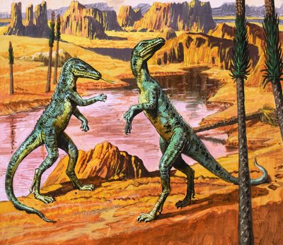 Saltoposuchus, illusztráció a "Dinoszauruszok korában, felfedezés a sivatagban" című könyvből, 1980 (gouache, papír) alkotó: Roger Payne