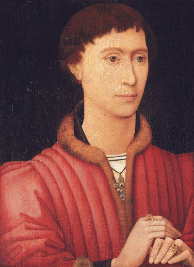 Fiatal férfi portréja, mellig érő, prémes vörös duplaban, 1450-60 körül (olaj, tábla) alkotó: Rogier van der (circle of) Weyden