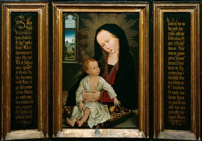 Salve Regina (Salve, O Queen, katolikus ima), a Szűz és a Gyermek ábrázolása körtével (olaj, fa) alkotó: Rogier van der Weyden