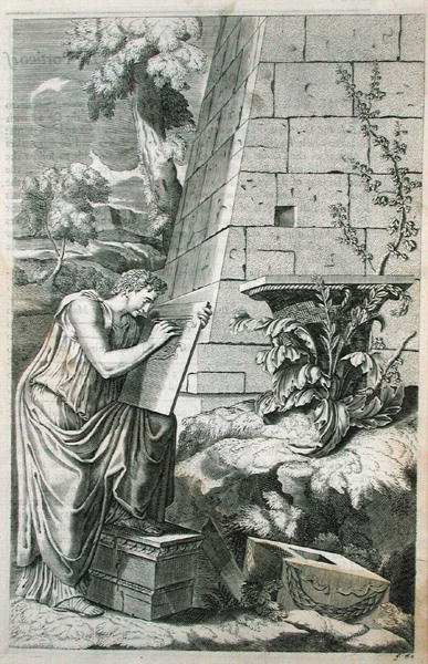 Klasszikus jelenet egy építészről munka közben, illusztráció Chambray 1723-ban megjelent „Az ókori építészet párhuzama a modernnel” című művéből (metszet) alkotó: Roland (after) Freart de Chambray