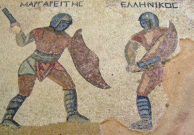 Harc két gladiátor között, Gladiátorok Háza, Kourion, Ciprus (mozaik) alkotó: Roman