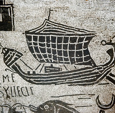 Egy hajó Alexandriából Ostia kikötőjében (mozaik alkotó: Roman