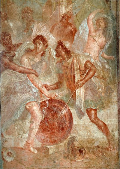 Achilles, a nők álruhája, Ulysses felismerte Lycomede a Scyros Pompei freskó lányai között. Kr.u. 1. század. Homályos. 145,5x137,5 cm Nápoly, Nemzeti Régészeti Múzeum - Római Művészet. Erőszakos harc Pompei és Nocer lakossága között alkotó: Roman
