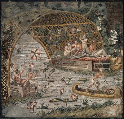 Bankett a Nílus melletti lugas alatt - Palestrina nílusi mozaikjának részlete - Kr.e. 3. század - Palestrina nílusi mozaikja - Kr.e. 3. század, 95x102 cm - Staatliche Museen, Berlin alkotó: Roman