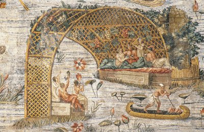 Bankett a lugas alatt, részlet az egyiptomi Nílus áradásáról készült nilótikus mozaikból, a palestrinai Fortuna Primigenia szentélyből, Lazio, Olaszország, római civilizáció alkotó: Roman