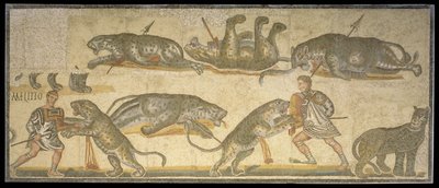 Csata gladiátorok és vadmacskák között, i.sz. 320 (mozaik) alkotó: Roman