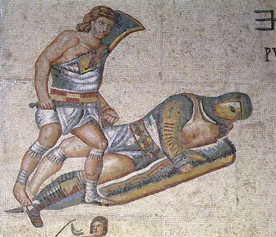 Gladiátorok közötti csata, egy gladiátor részlete, amely egy másikat a földhöz szorít, i.sz. 320 (mozaik) alkotó: Roman