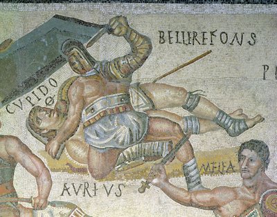 Gladiátorok közötti csata, egy gladiátor részlete, amely egy másikat a földhöz szorít, i.sz. 320 (mozaik) alkotó: Roman
