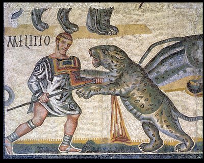 Gladiátorok csatája a vadmacskák ellen, egy vadmacskán átfutó gladiátort ábrázoló részlet, i.sz. 320 (mozaik) alkotó: Roman