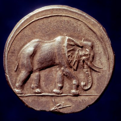 Karthágói civilizáció: egy elefántot ábrázoló érem, amely lehetővé tette Hannibal karthágói tábornok (i.e. 247-183) számára, hogy átkeljen az Alpokon ie 218-ban a második pun háború alatt. Kr.e. 3. század. Paris, B.N. alkotó: Roman