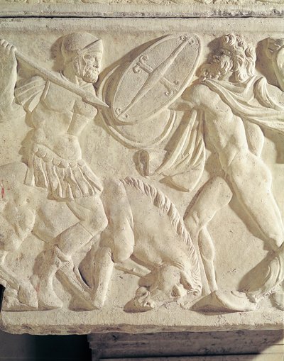Részlet egy szarkofágról, amely egy római katonát ábrázol, aki egy galaciai kő ellen harcol alkotó: Roman