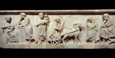 Marcus Cornelius Statius szarkofágjának töredéke i.sz. 150 körül - Ókori Róma: Egy római szarkofág arca. Egy gyermek életének jelenete a születéstől a tanulásig. Párizs, Musee du Louvre alkotó: Roman