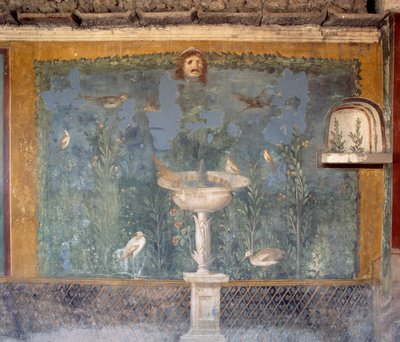 Freskó szökőkúttal, maszkkal és madarakkal, Vénusz háza Shellben, Pompeii (az Unesco világörökségi listája alkotó: Roman