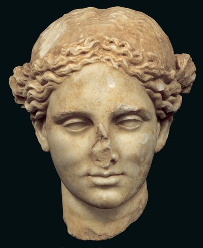 Apollo Sauroktonos (a gyíkgyilkos) feje, Praxiteles 4. századi görög bronz másolata, amelyet Kifissiában (márvány) találtak alkotó: Roman