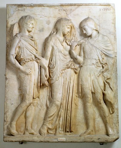 Hermész, Orpheusz és Eurüdiké, dombormű, a Kr.e. V. századból származó görög eredeti római másolata (márvány) alkotó: Roman