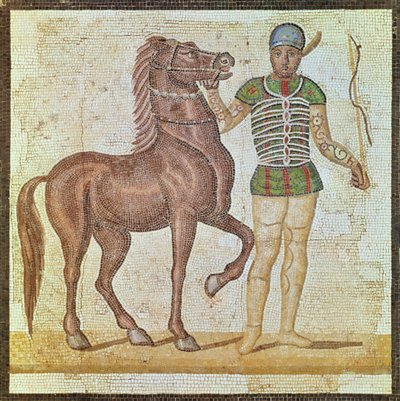 Lovas versenyző színekben (mozaik) alkotó: Roman
