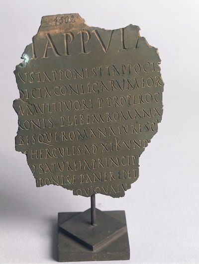 Lex Tappula, a szatirikus törvény töredéke, amelyet Vercelli baráti köre készített, a római népszavazási törvényekkel azonos formában írt paródia, amely a Festo által átadott leges conviviales részét képezi, bronz, római civilizáció alkotó: Roman