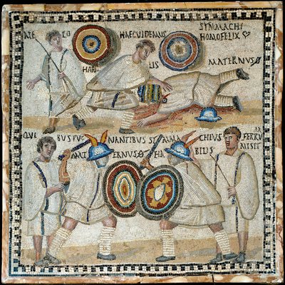 Mozaik, amely két lovas, Simmachius és Maternus, római harcát ábrázolja, Kr.u. 3. században alkotó: Roman