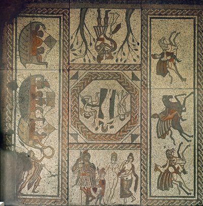 Mozaik járda a Low Ham-i római villából, Dido és Aeneas történetét illusztrálva Vergilius Aeneiséből, Kr.u. 350 körül (mozaik) alkotó: Roman
