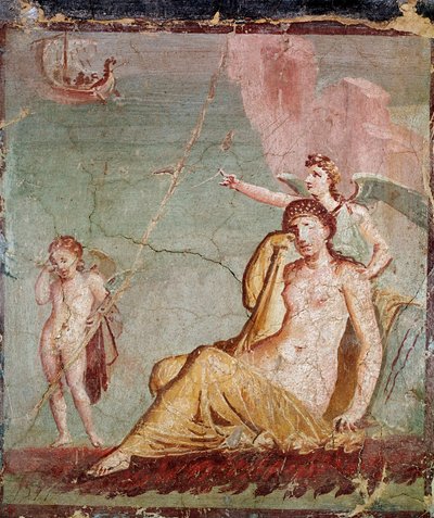 Nemezisz, a bosszú istennője Thészeusz hajót mutatja, aki éppen elhagyta Ariadnét (freskó alkotó: Roman