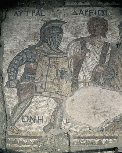 Két gladiátor festménye egy mozaikfalon, Kourion, Limassol, Ciprus alkotó: Roman