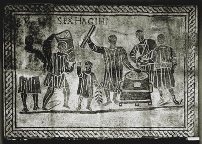 RÓMAI MŰVÉSZET: A gabona (kukorica) mérése. Gaius Gracchus ..., Kr. u. 2. század (mozaik). alkotó: Roman