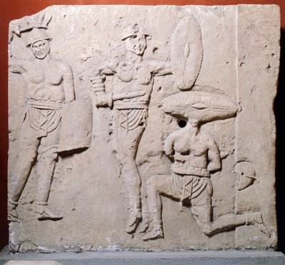 Gladiátori jelenetet ábrázoló dombormű Due Madonne környékéről, Bologna, római civilizáció alkotó: Roman