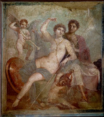 Ares és Aphrodité ábrázolása, az isten fegyvereivel játszó szerelmek kíséretében. Freskó a Villa de Marsról és a Vénuszról Pompeiben. Kr.u. 1. század. Nápolyi Régészeti Múzeum - Római művészet: Ares, Aphrodité és Erosz. Aphrodité (Vénusz) recl alkotó: Roman