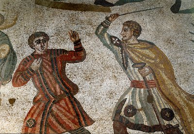 Római művészet: „A nagy vadászat” mozaik részlete Egy római arisztokrata bottal megbünteti egyik rabszolgáját. Kr.u. 315-350. Piazza Armerina, Villa Romana del Casale alkotó: Roman
