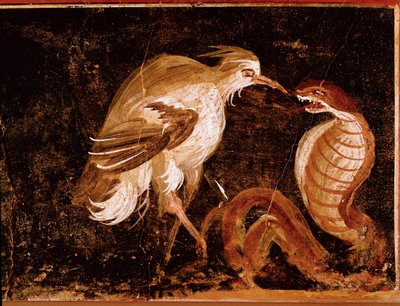 Római művészet: „” Küzdelem a gém és a kobra között”” Római freskó az Epigrammák házából, Pompei, Olaszország (Fight between a heron and a cobra, fresco from the casa degli Epigrammi, Pompei) Kr. u. 60-80. alkotó: Roman