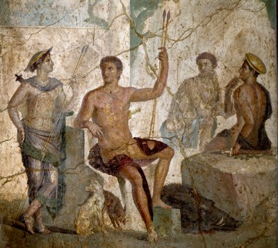 Római művészet: „” Meleagre és Atalante””” Római freskó a Kr.u. I. századból. Pompeiből. Nápoly, Nemzeti Régészeti Múzeum - Római művészet: Meleager és Atalanta. 1. századi római freskó Pompeiiből. Nemzeti Régészeti Múzeum, Nápoly, It alkotó: Roman