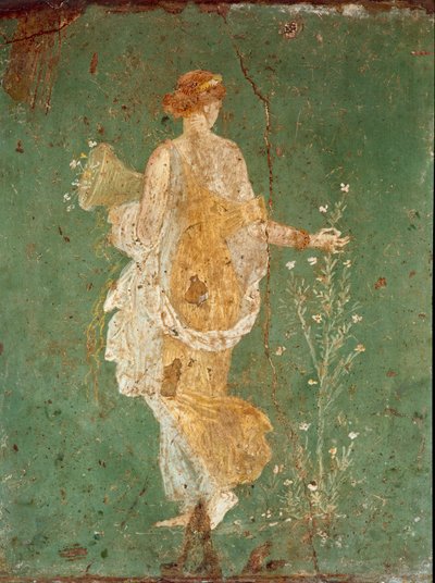 Római művészet: "" Tavasz "" Flora (Flora) virágokat szed. freskó Varano a Stabies (Stabiae) villájából, Pompei közelében. Kr.e. 15-60. Nemzeti Régészeti Múzeum, Nápoly - Római művészet: Tavasz, virágszedő növényvilág. Frissen a Stabiae-i Varano villából alkotó: Roman