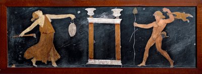 Római művészet: „” Menád és szatíra tánca egy kis templom mellett”” Intarzia Pompeiből. Homályos. 23x67 cm Museo Archeologico Nazionale, Nápoly alkotó: Roman
