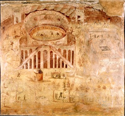 Római művészet: „” Erőszakos küzdelem Nocera lakói és a pompeiaiak között a pompei amfiteátrumban i.sz. 59-ben”” Freskó részlete. Kr.u. 1. század. Pompei oldaláról. Nápoly, Museo Archeologico Nazionale alkotó: Roman