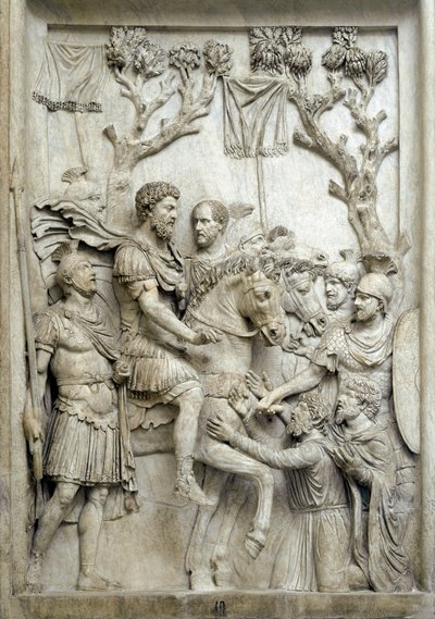 Marcus Aurelius római császár megkegyelmez a legyőzött ellenségeknek, 176-180 körül (Márvány dombormű) alkotó: Roman