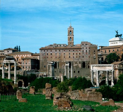Forum Romanum: panorámás kilátás, a háttérben a Taburalium archívumként használt (Kr. e. 79). Róma alkotó: Roman