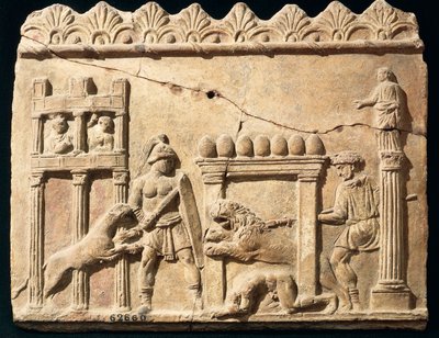 Cirkuszban harcoló oroszlánokat és gladiátorokat ábrázoló római dombormű alkotó: Roman