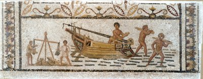 Római antikvitás: "" Fa rakomány kirakodása a hajóról és ólommérés"" Mozaik a tunéziai Sousse-ból. Kr.u. 3. század. Homályos. 90x230 cm Musee du BarDo, Tunisz alkotó: Roman
