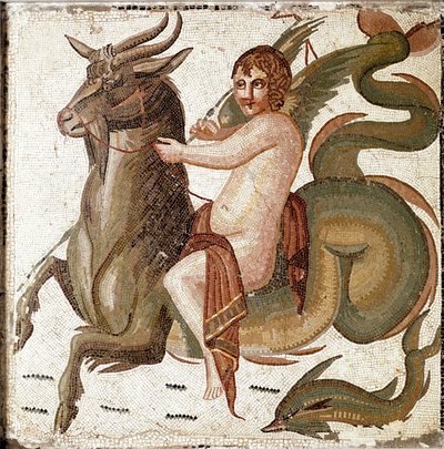Római művészet: „Ámor tengeri élőlényen lovagolva”” Mozaik Septius Severe császár családjának villájából. 2. század vége JC után. Róma, Museo Nazionale Romano alkotó: Roman