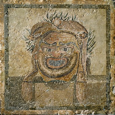 Római művészet: római színházi maszk. Ampurias (Empúries) mozaikja. Kr.u. 2. század. Spanyolország Empurias Múzeum alkotó: Roman